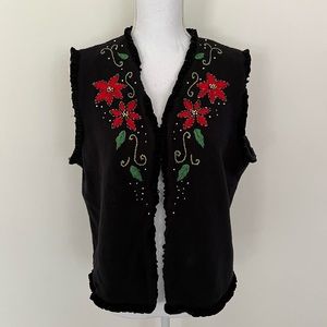 Vintage festive sweater vest with velvet trim, holiday party - Size XL